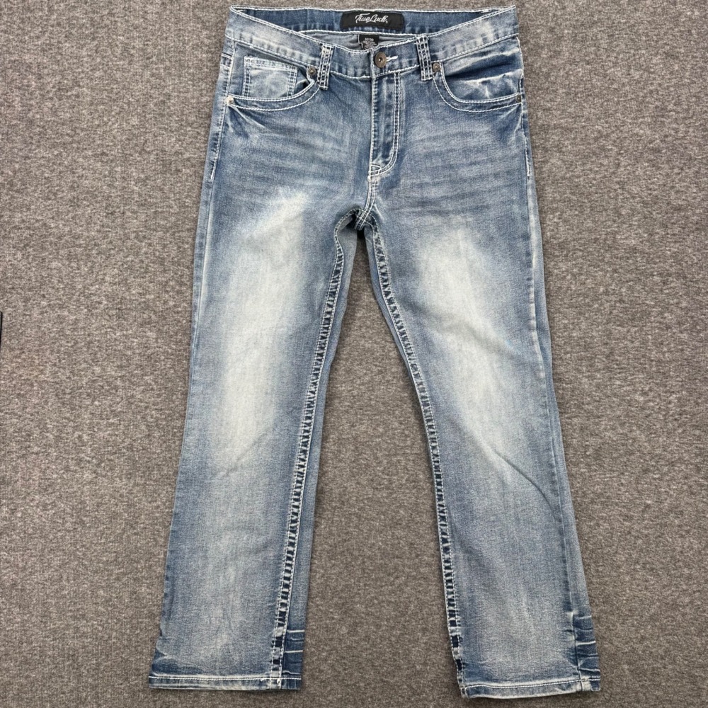 True Luck Mens Straight Leg Jeans‎ 32 Medium Wash Blue Contrast Stitch Western